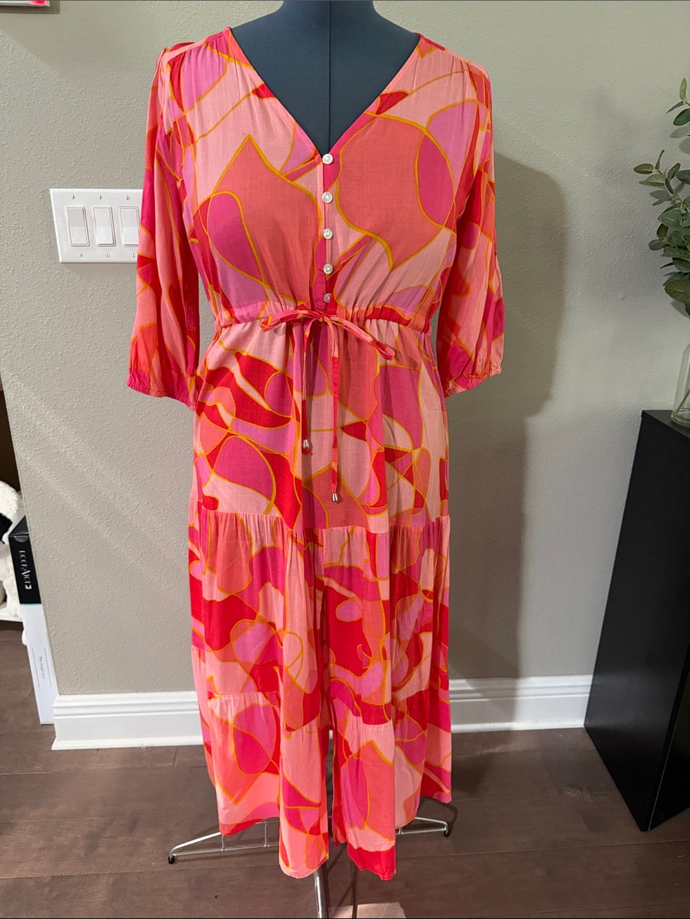Abstract Pink & Red Tie-Waist Midi Dress